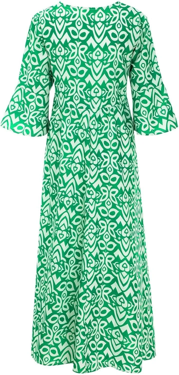Summer Dresses for Women Boho Floral Print Dress 2025 Casual V Neck Bohemian Wrap 3/4 Sleeve High Waist Midi Dress