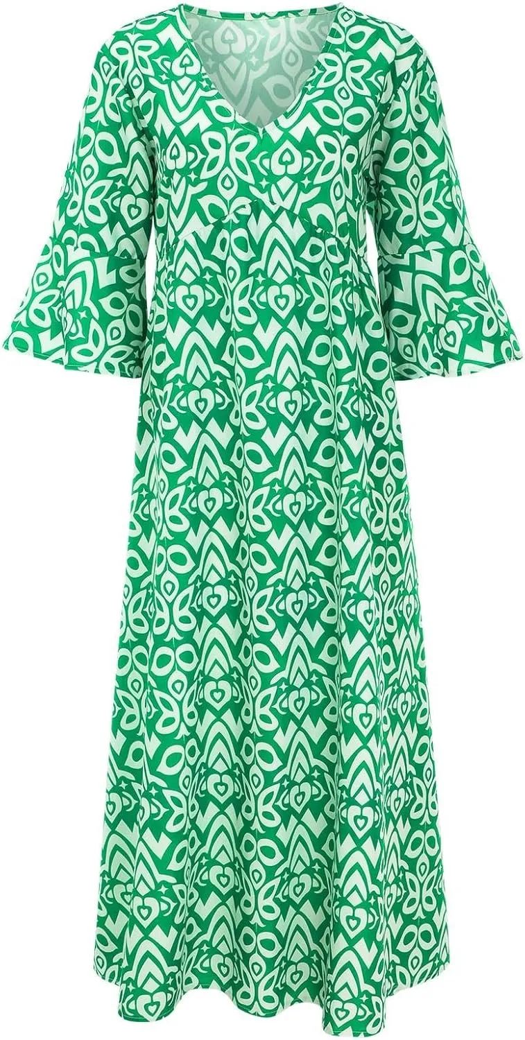 Summer Dresses for Women Boho Floral Print Dress 2025 Casual V Neck Bohemian Wrap 3/4 Sleeve High Waist Midi Dress