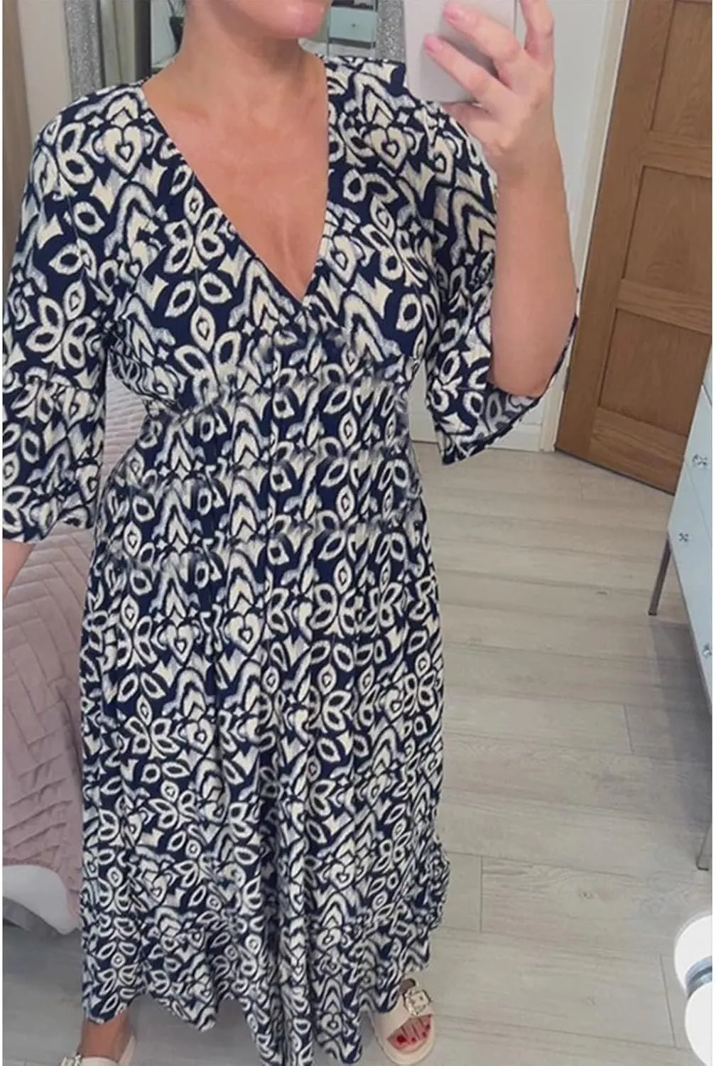 Summer Dresses for Women Boho Floral Print Dress 2025 Casual V Neck Bohemian Wrap 3/4 Sleeve High Waist Midi Dress