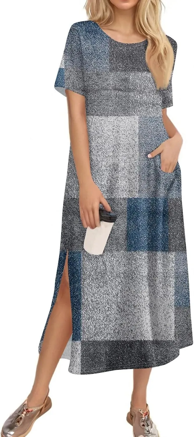Summer Dresses for Women Casual Short Sleeve Beach T Shirt Dress Floral Print Loose Split Long Dress with Pockets