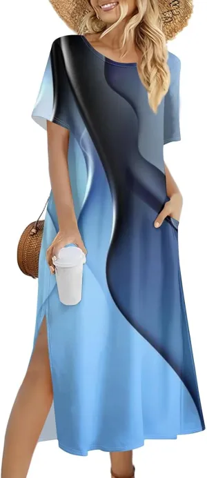 Summer Dresses for Women Casual Short Sleeve Beach T Shirt Dress Floral Print Loose Split Long Dress with Pockets