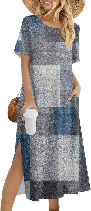 Summer Dresses for Women Casual Short Sleeve Beach T Shirt Dress Floral Print Loose Split Long Dress with Pockets