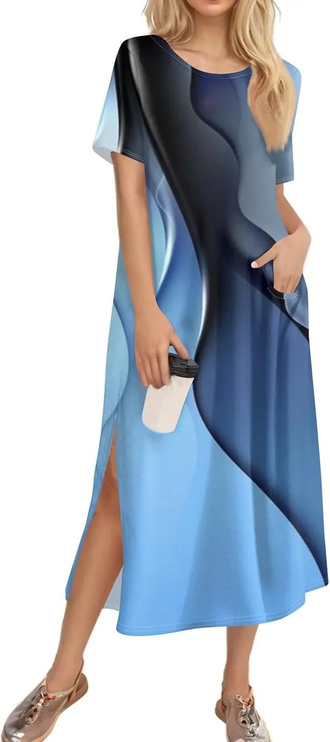 Summer Dresses for Women Casual Short Sleeve Beach T Shirt Dress Floral Print Loose Split Long Dress with Pockets