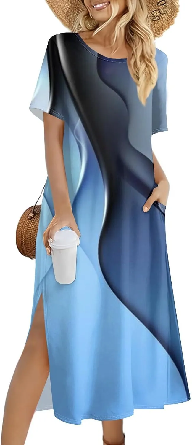 Summer Dresses for Women Casual Short Sleeve Beach T Shirt Dress Floral Print Loose Split Long Dress with Pockets