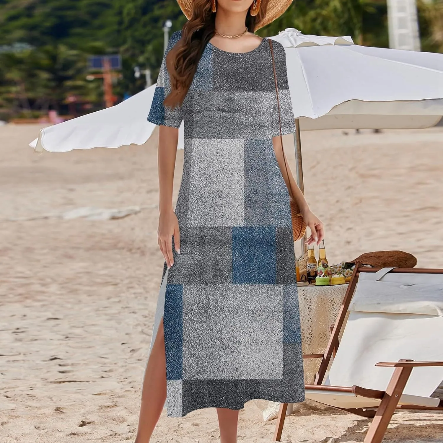 Summer Dresses for Women Casual Short Sleeve Beach T Shirt Dress Floral Print Loose Split Long Dress with Pockets