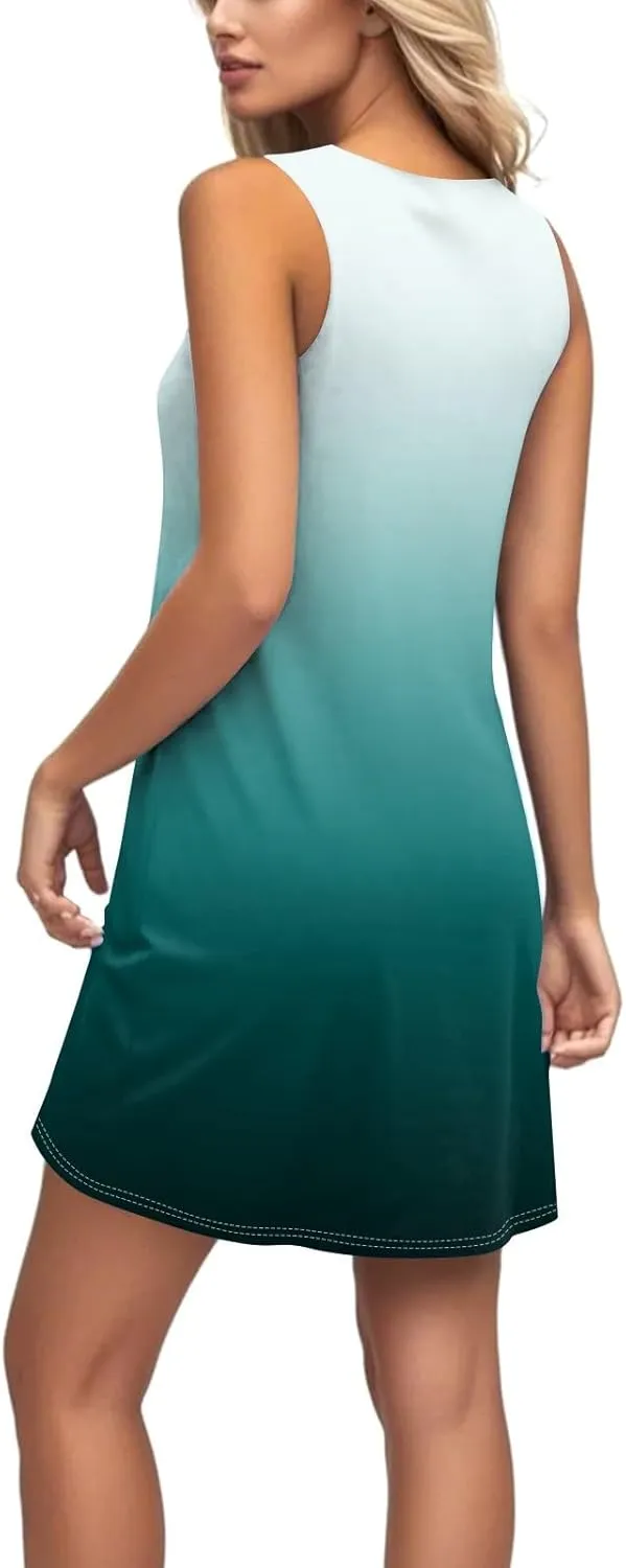 Summer Dresses for Women Casual Sleeveless Mini Dress printedBeach Sundresses Loose Tshirt Tank Dresses with Pockets