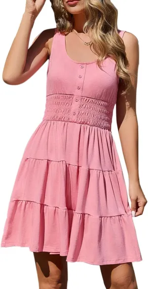 Summer Dresses for Women Casual Sleeveless Sundresses Elastic Waist Mini Sun Dress