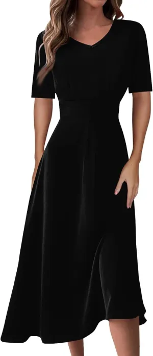 Summer Dresses for Women Summer Beach V Neck Short Sleeve Dress Solid Color Aline Tshirt Dress Casual Flowy Midi Dresses
