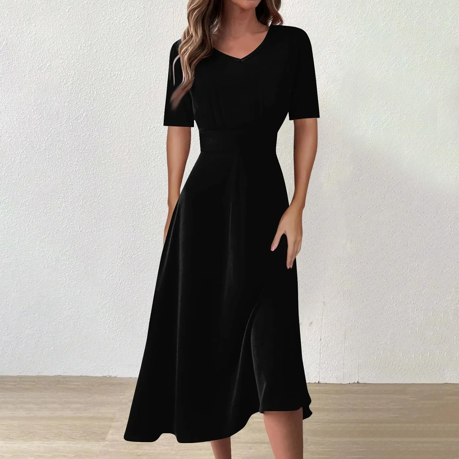 Summer Dresses for Women Summer Beach V Neck Short Sleeve Dress Solid Color Aline Tshirt Dress Casual Flowy Midi Dresses