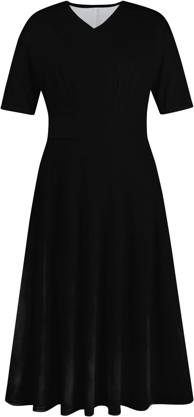 Summer Dresses for Women Summer Beach V Neck Short Sleeve Dress Solid Color Aline Tshirt Dress Casual Flowy Midi Dresses