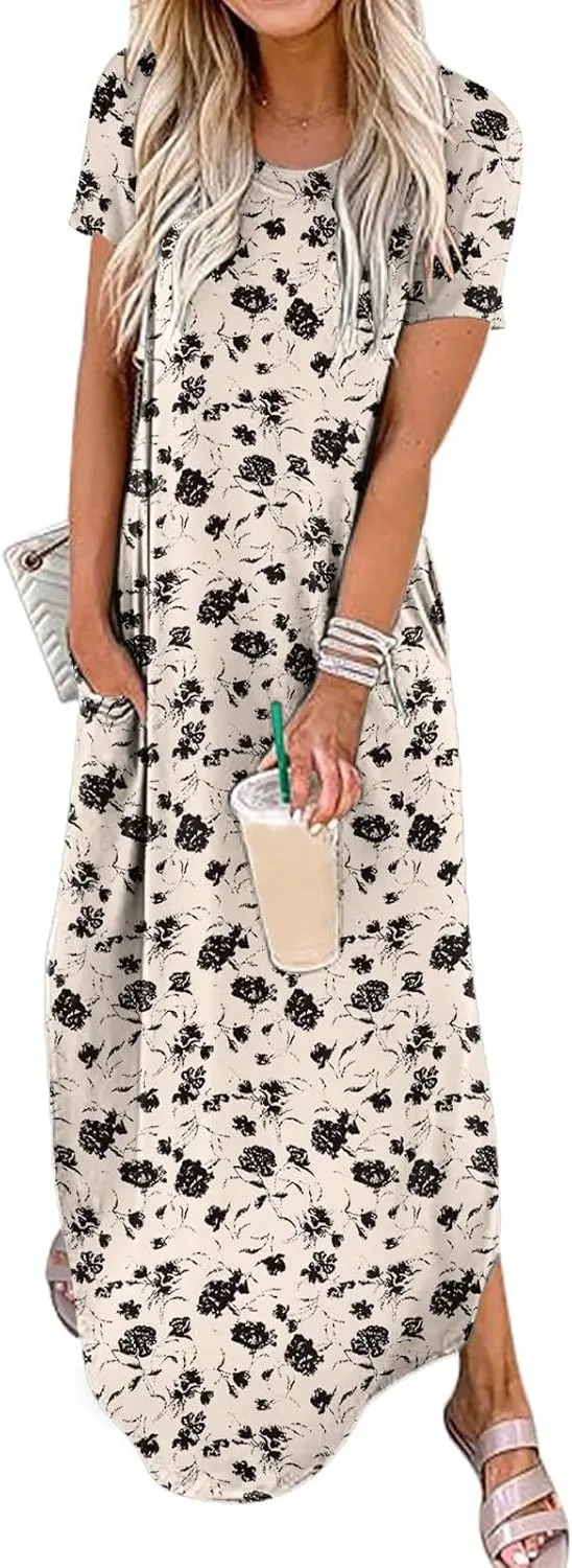 Summer Maxi Dress for Women Short Sleeve Loose Sundress Vacation Beach Dresses 2025 with Pockets