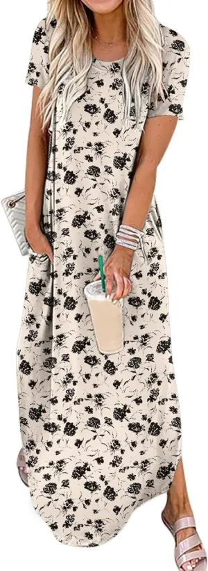Summer Maxi Dress for Women Short Sleeve Loose Sundress Vacation Beach Dresses 2025 with Pockets