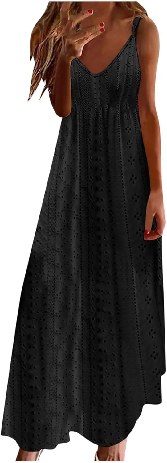 Summer Maxi Dresses for Women 2025 Trendy Beach Vacation Sundress Sexy Spaghetti Strap v Neck Lace Eyelet Dress