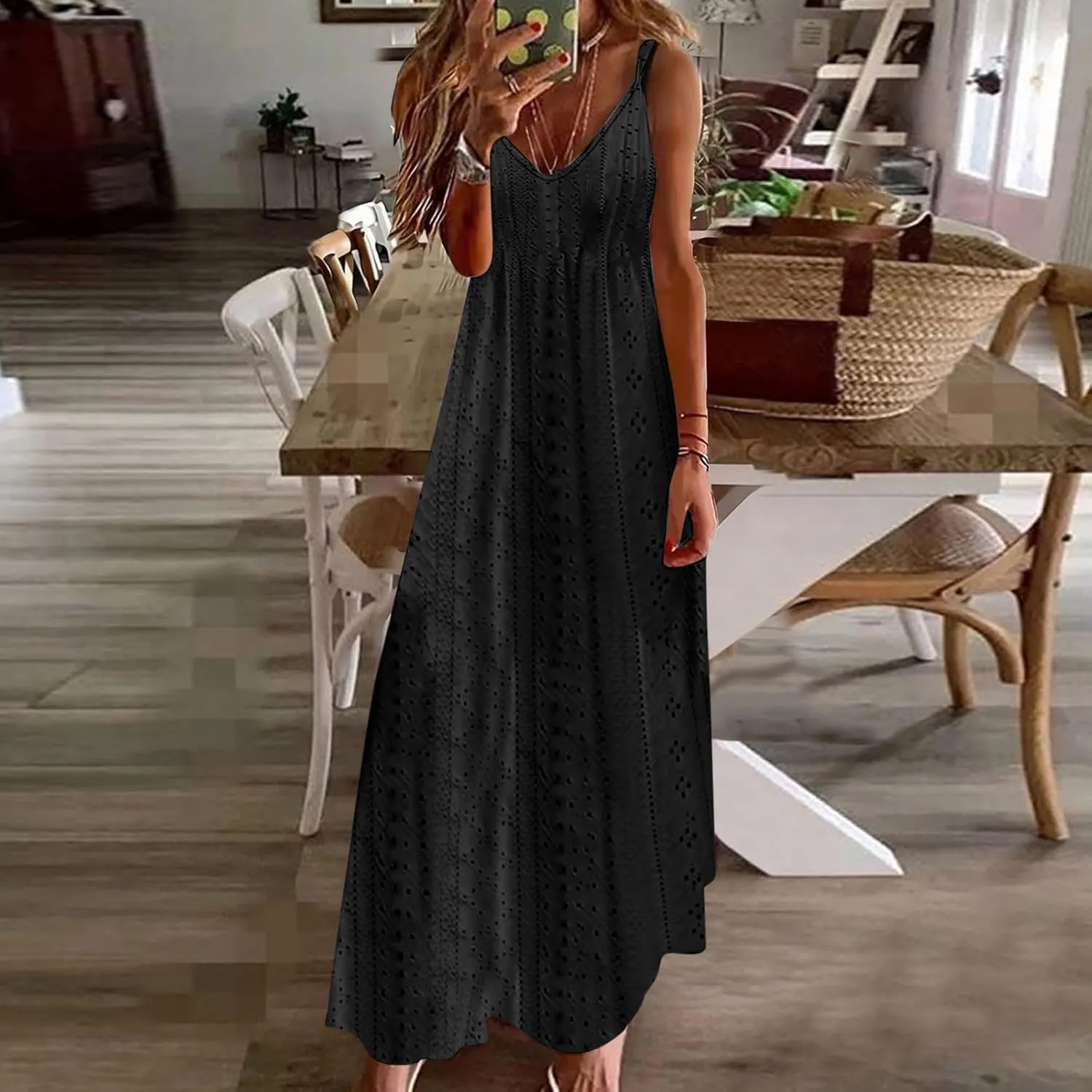 Summer Maxi Dresses for Women 2025 Trendy Beach Vacation Sundress Sexy Spaghetti Strap v Neck Lace Eyelet Dress
