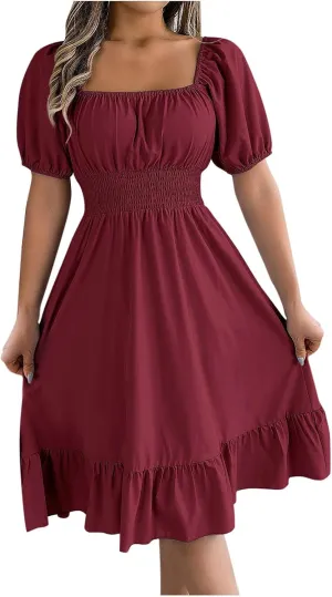 Summer Milkmaid Dresses for Women Square Neck Puff Sleeve Mini Dress Casual Cute ALine Ruffle Flowy Cottagecore Dress