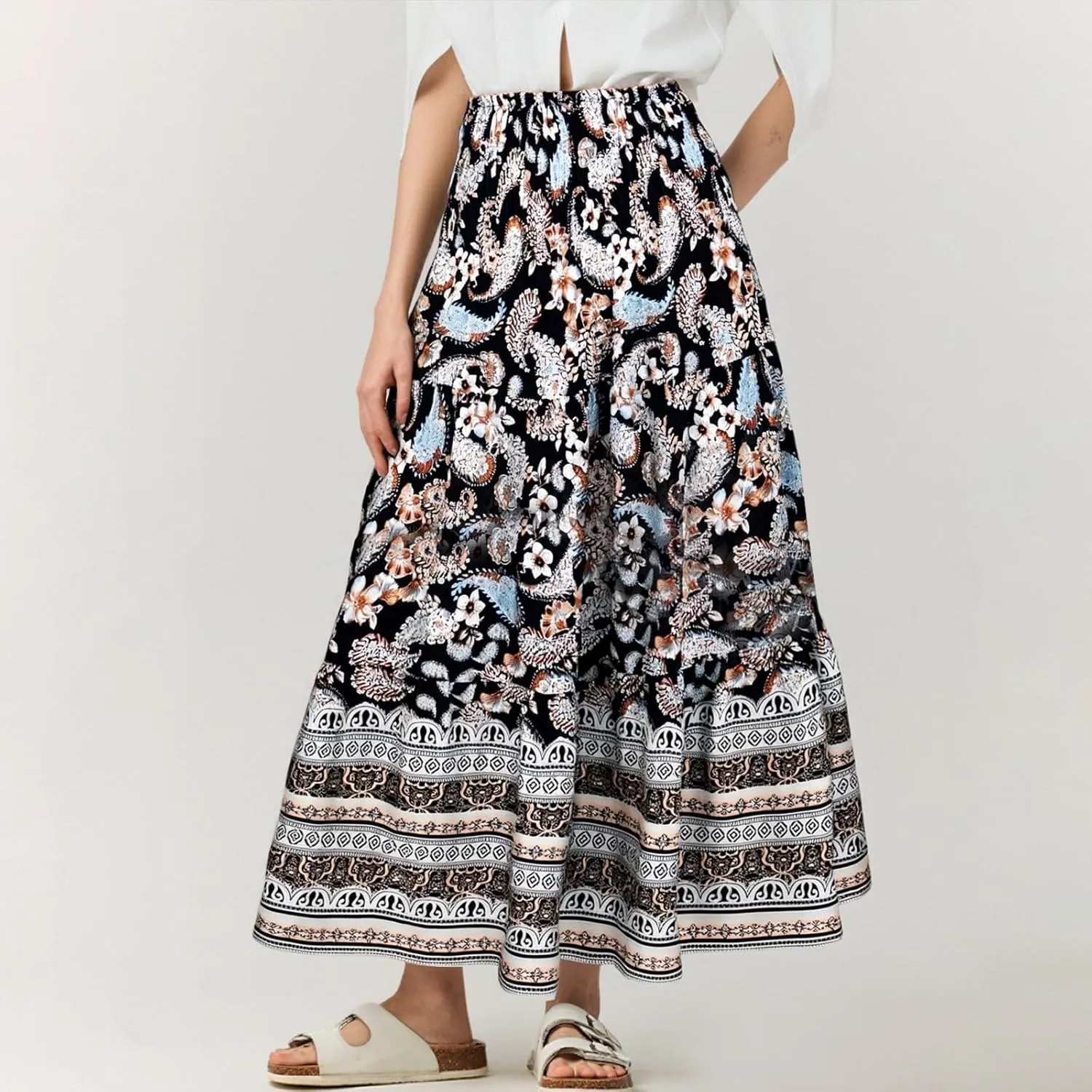 Summer Skirts for Women 2025 Loose Trendy Floral Print Elastic Waist Lightweight Boho Flowy Maxi Skirt, S-2XL