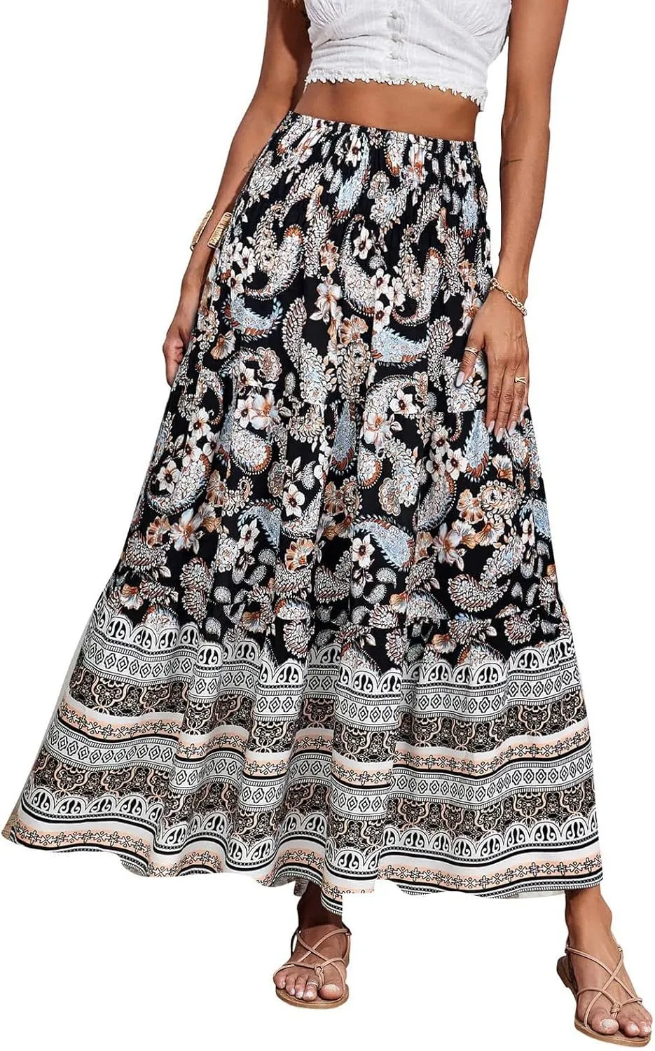 Summer Skirts for Women 2025 Loose Trendy Floral Print Elastic Waist Lightweight Boho Flowy Maxi Skirt, S-2XL