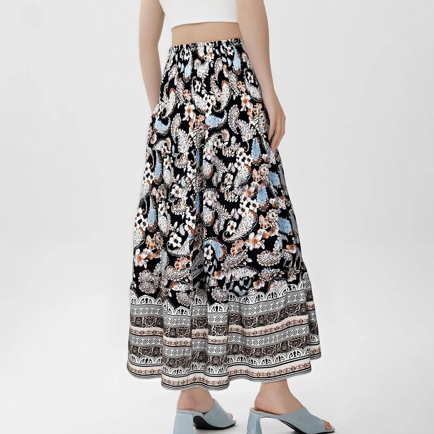 Summer Skirts for Women 2025 Loose Trendy Floral Print Elastic Waist Lightweight Boho Flowy Maxi Skirt, S-2XL
