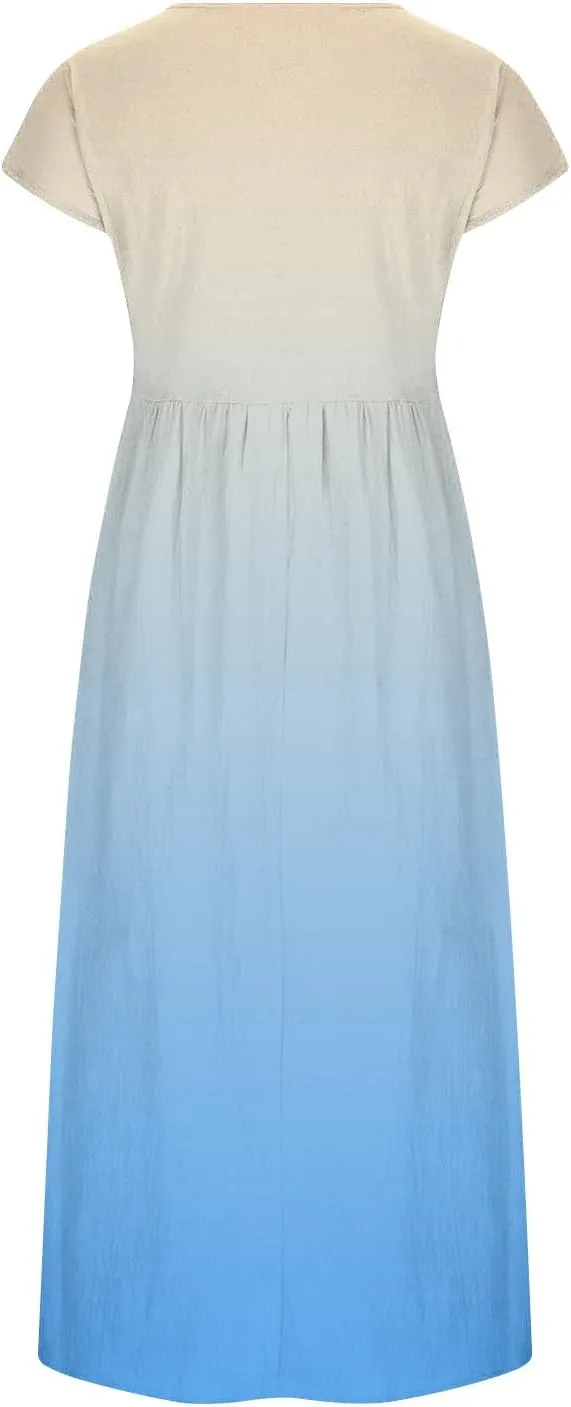 Summer Tank Dress for Women Cap Sleeve Loose Boho Midi Dress Casual Ombre Crew Neck Beach Dresses with Pockets