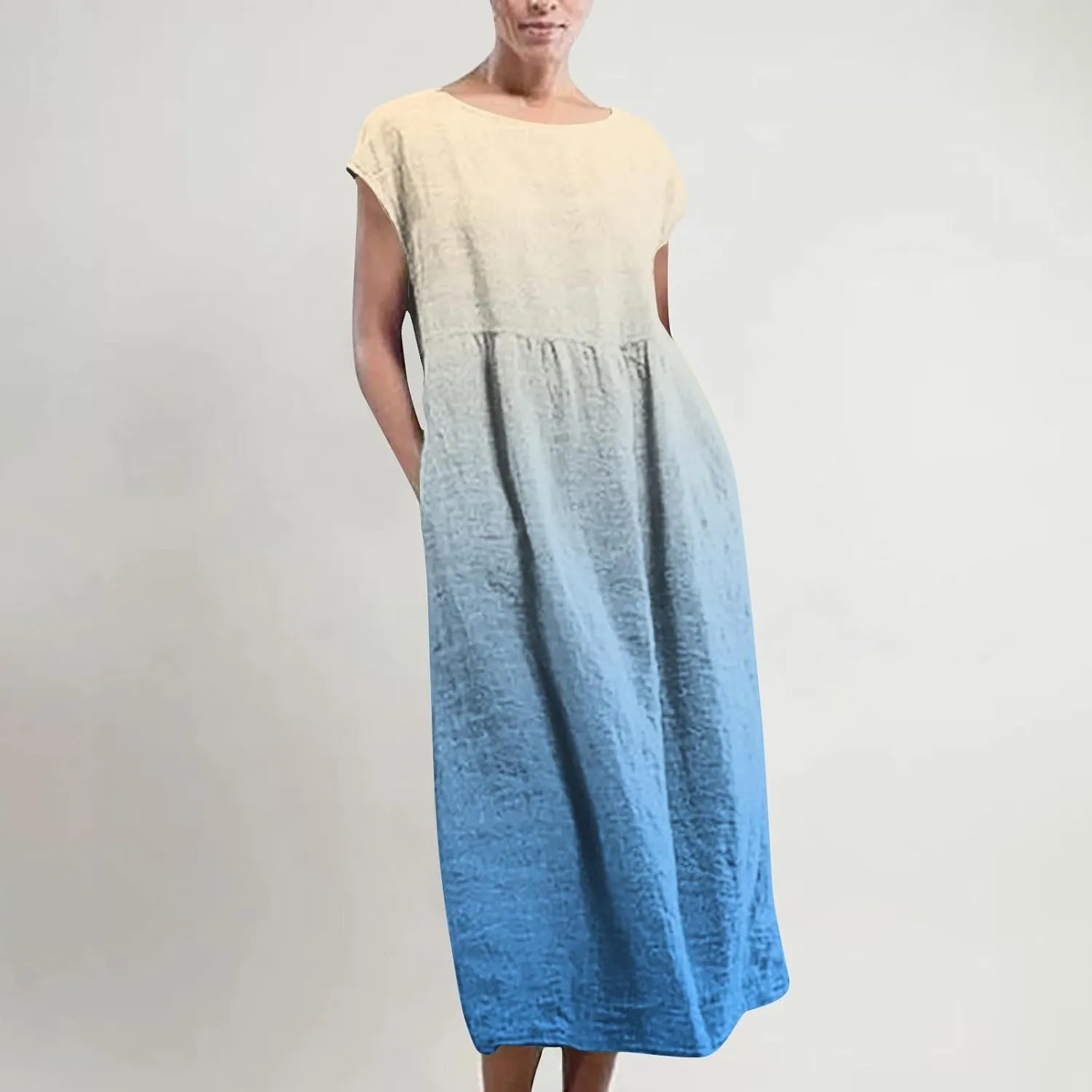 Summer Tank Dress for Women Cap Sleeve Loose Boho Midi Dress Casual Ombre Crew Neck Beach Dresses with Pockets