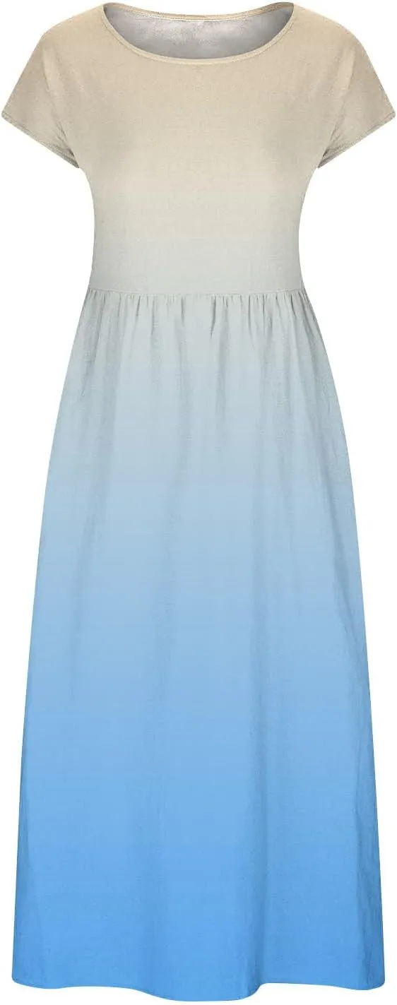 Summer Tank Dress for Women Cap Sleeve Loose Boho Midi Dress Casual Ombre Crew Neck Beach Dresses with Pockets