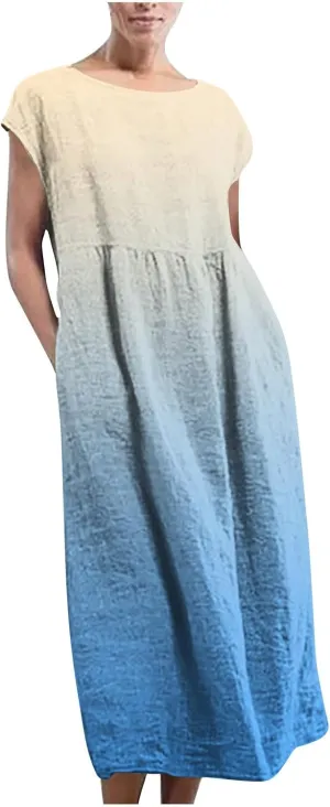 Summer Tank Dress for Women Cap Sleeve Loose Boho Midi Dress Casual Ombre Crew Neck Beach Dresses with Pockets