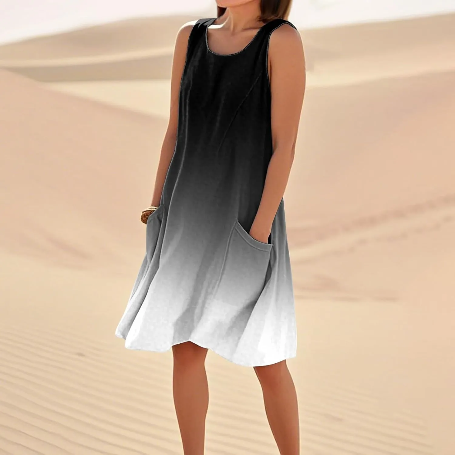 Sun Dresses for Women 2025 Round Neck Sleeveless Dresses Printed Loose Casual High Waisted Flowy Dress with Pocket