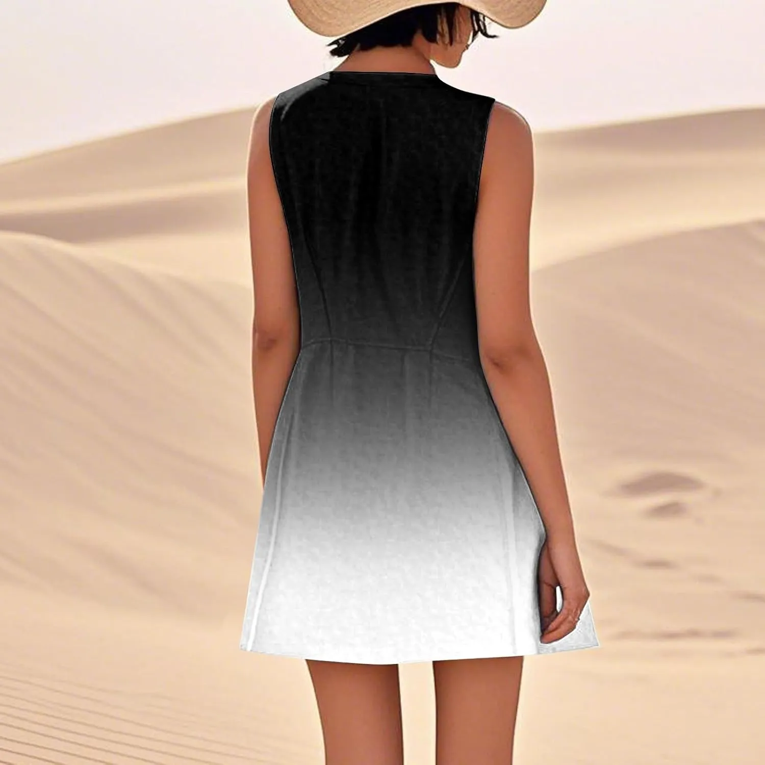 Sun Dresses for Women 2025 Round Neck Sleeveless Dresses Printed Loose Casual High Waisted Flowy Dress with Pocket