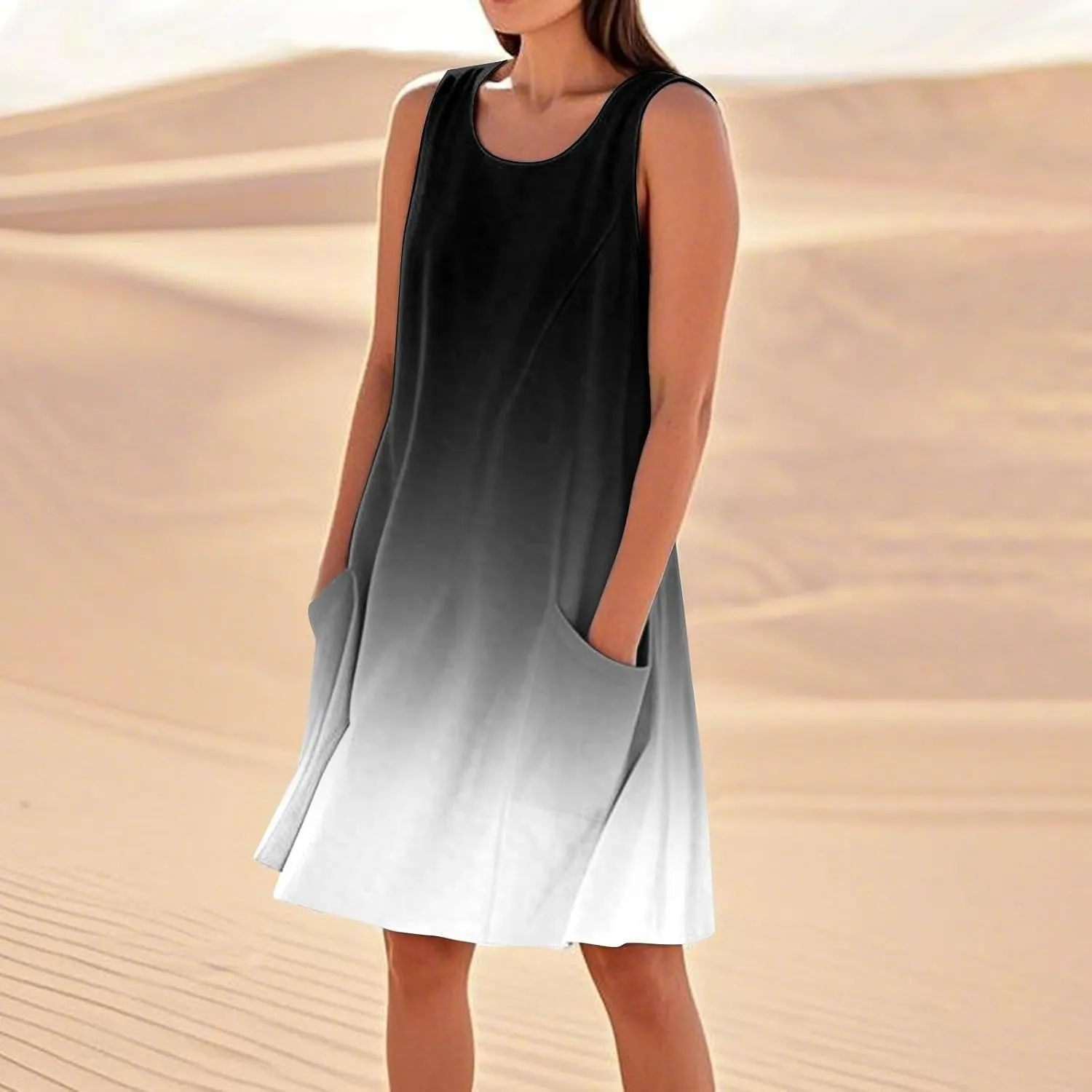 Sun Dresses for Women 2025 Round Neck Sleeveless Dresses Printed Loose Casual High Waisted Flowy Dress with Pocket