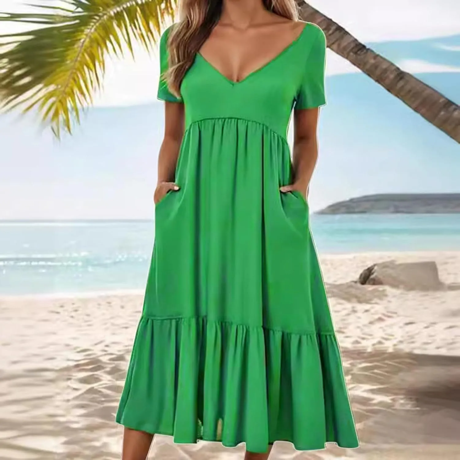 Sun Dresses for Women 2025 Summer Deep V Neck Drees Short Sleeve Boho Sundress Flowy Denim Maxi Dresses with Pockets