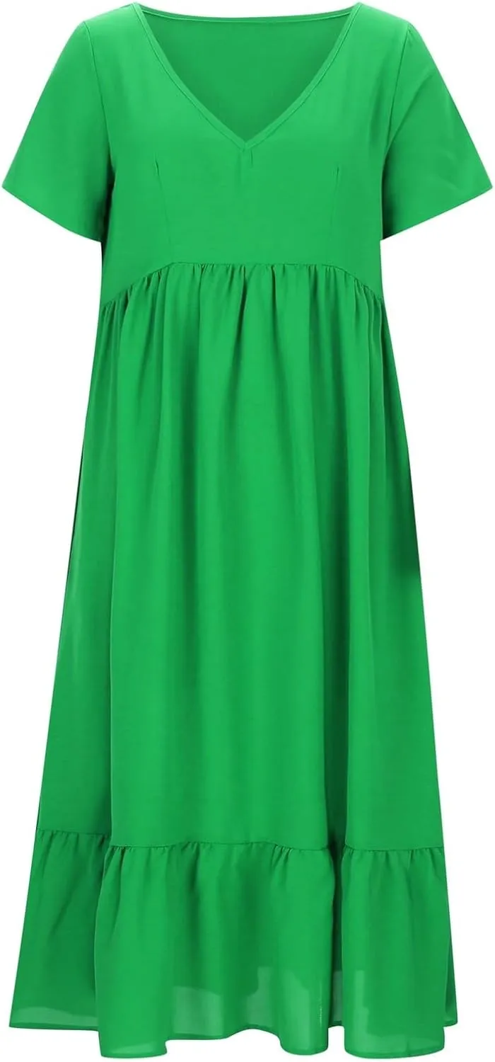Sun Dresses for Women 2025 Summer Deep V Neck Drees Short Sleeve Boho Sundress Flowy Denim Maxi Dresses with Pockets
