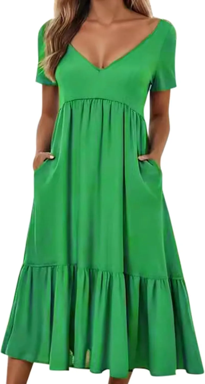 Sun Dresses for Women 2025 Summer Deep V Neck Drees Short Sleeve Boho Sundress Flowy Denim Maxi Dresses with Pockets
