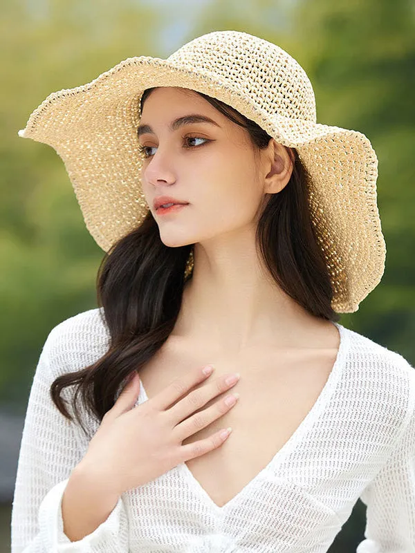 Sun-Protection Hollow Solid Color Wide Side Woven Hats&Caps