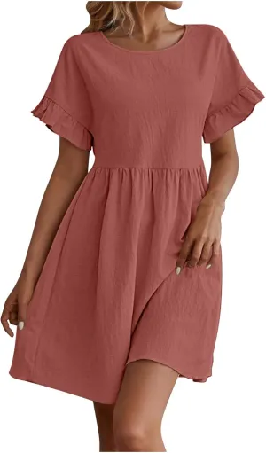 Sundresses for Women 2025 Cotton Linen Short Sleeve Crewneck Summer Dress Crewneck Beach Vacation Dresses