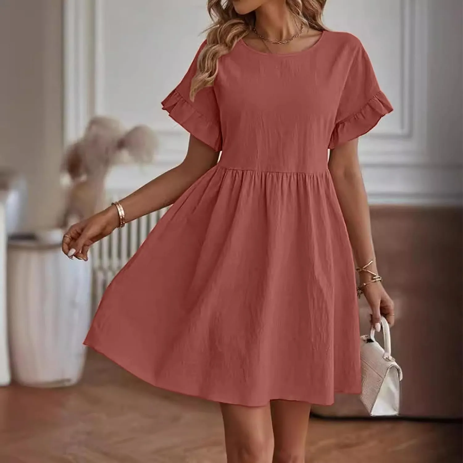 Sundresses for Women 2025 Cotton Linen Short Sleeve Crewneck Summer Dress Crewneck Beach Vacation Dresses