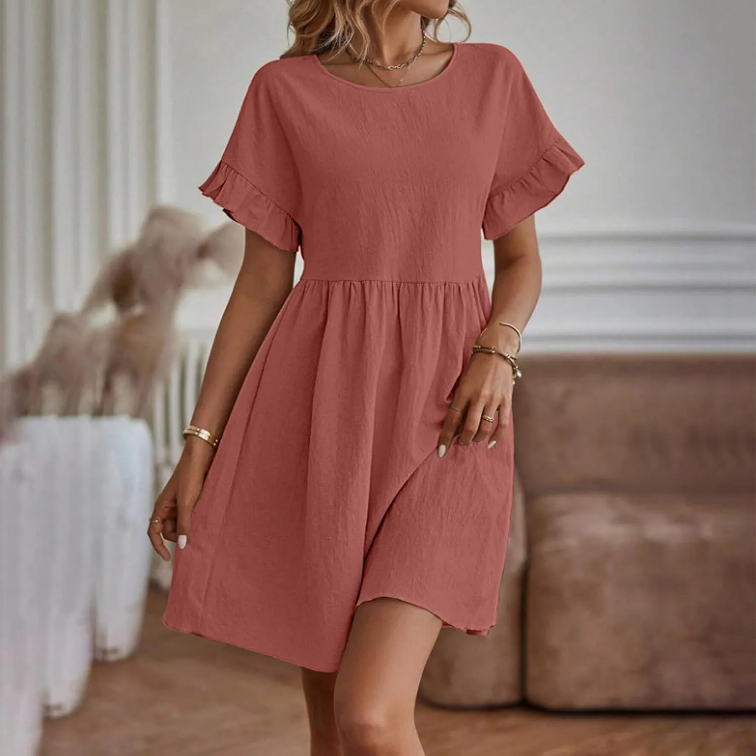 Sundresses for Women 2025 Cotton Linen Short Sleeve Crewneck Summer Dress Crewneck Beach Vacation Dresses