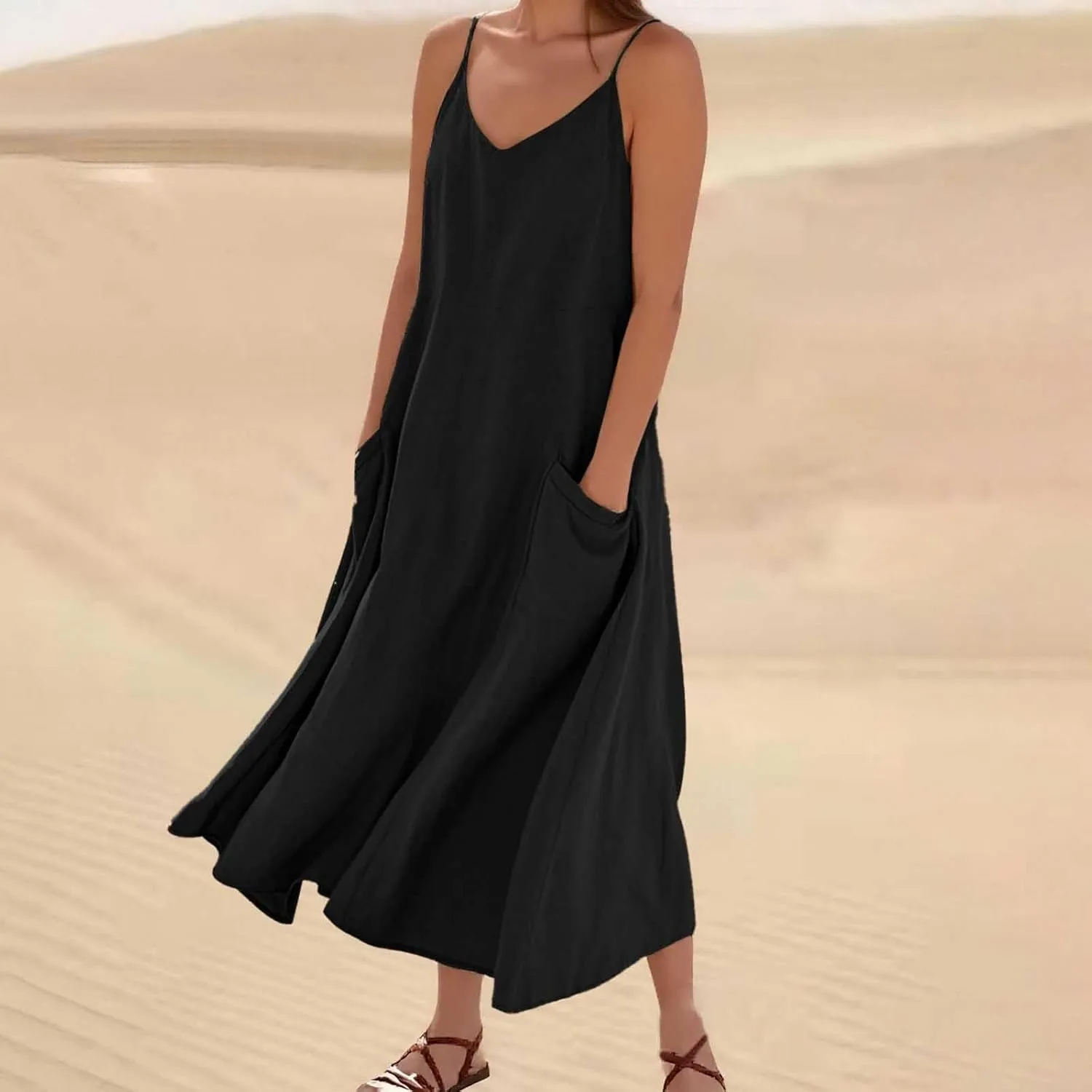 Sundresses for Women 2025 Summer Casual Loose Sleeveless Maxi Long Shirt Dress Beach Vacation Clothes with Pockets