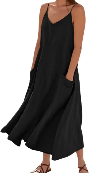 Sundresses for Women 2025 Summer Casual Loose Sleeveless Maxi Long Shirt Dress Beach Vacation Clothes with Pockets