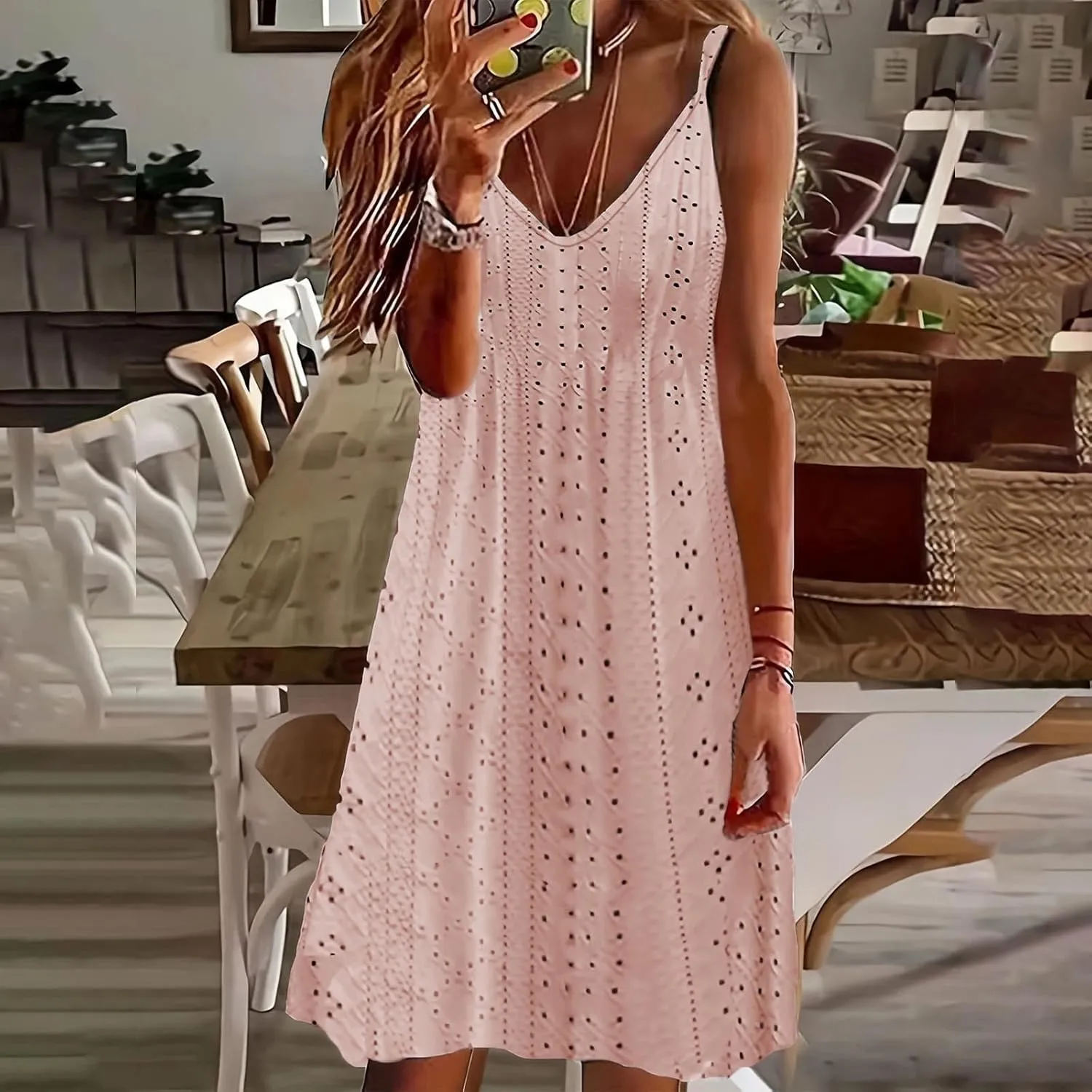 Sundresses for Women Casual Beach Lace Eyelet Dress Sexy Spaghetti Strap v Neck Flowy Summer Dresses Vacation Outfits