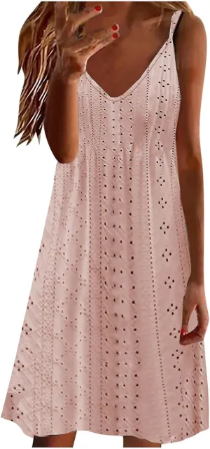 Sundresses for Women Casual Beach Lace Eyelet Dress Sexy Spaghetti Strap v Neck Flowy Summer Dresses Vacation Outfits