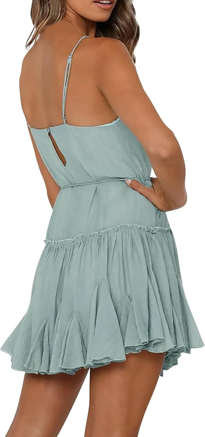 Sundresses for Women Summer Spaghetti Strap Tie Waist Ruffle Mini Dress A Line Flowy Tiered Dress Vacation Dresses