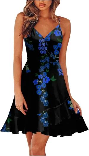 Sundresses for Women,2024 Spring Summer Elegant Sexy Wrap V Neck Sling Beach Dress,Trendy Floral Print Mini Dress,Romantic Flowy Ruched Ruffle Hem Boho Dress Evening Party Wear(E-Navy,M)