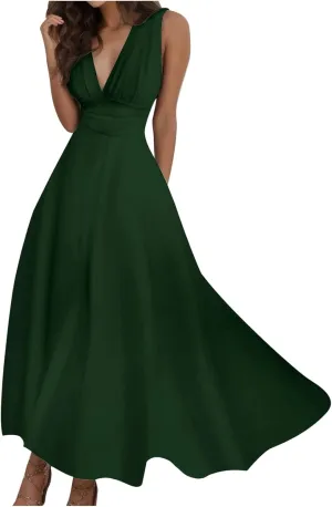 Sundresses for Women,2025 Summer Sleeveless Tank Long Dress Floral V Neck Maxi Dress Plus Size Flowy Midi Dresses