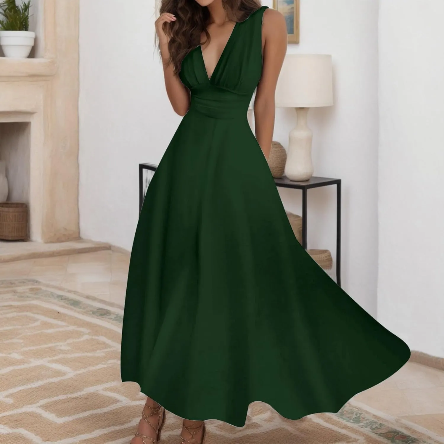 Sundresses for Women,2025 Summer Sleeveless Tank Long Dress Floral V Neck Maxi Dress Plus Size Flowy Midi Dresses