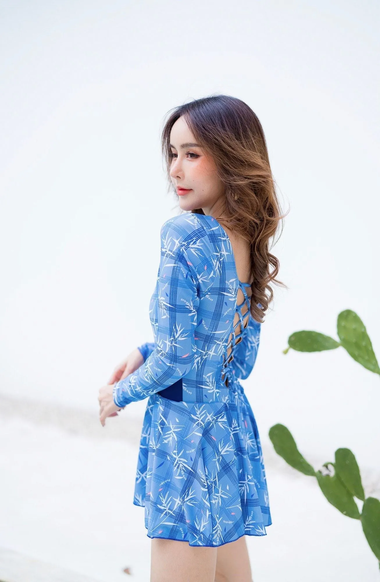 Swim dress, long sleeve, flared skirt