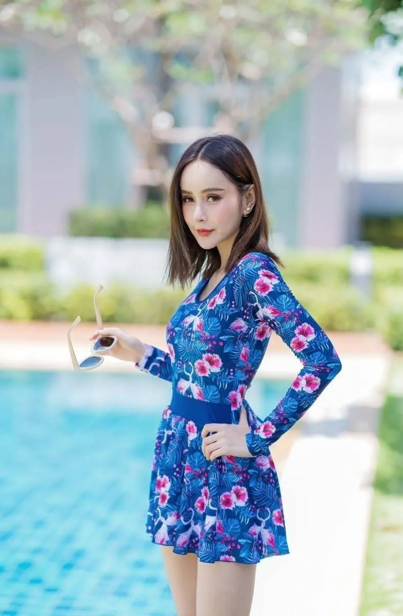 Swim dress, long sleeve, flared skirt