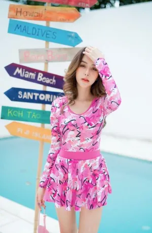 Swim dress, long sleeve, flared skirt