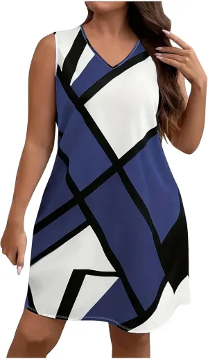 Tank Dress Geometric Printed Plus Size Dresses V-Neck Sleeveless Loose Midi Dresses Summer Dresses for Women 2025