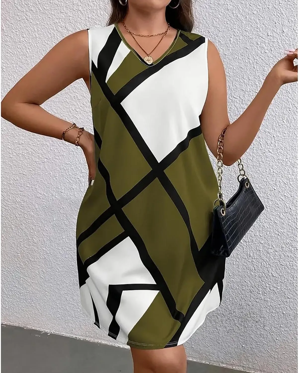 Tank Dress Geometric Printed Plus Size Dresses V-Neck Sleeveless Loose Midi Dresses Summer Dresses for Women 2025