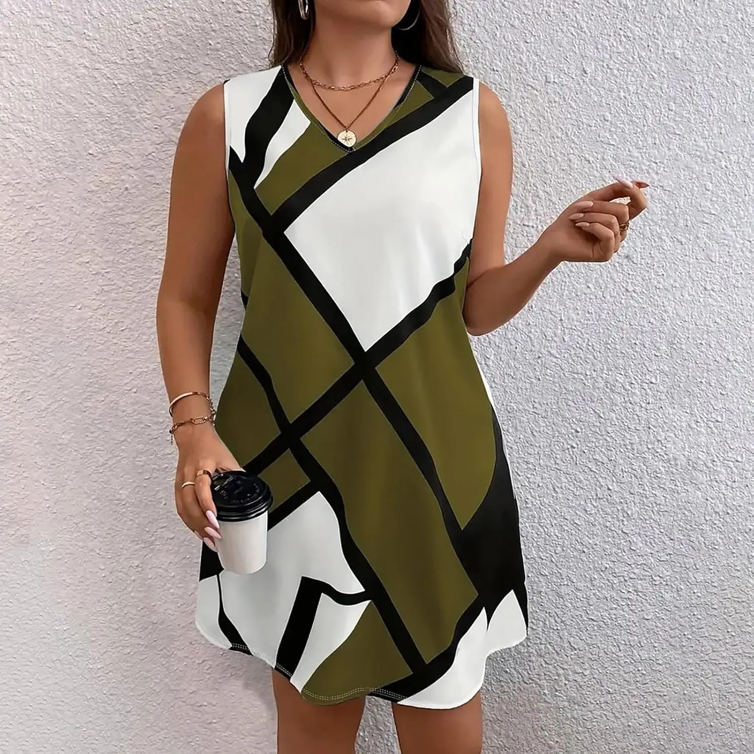 Tank Dress Geometric Printed Plus Size Dresses V-Neck Sleeveless Loose Midi Dresses Summer Dresses for Women 2025